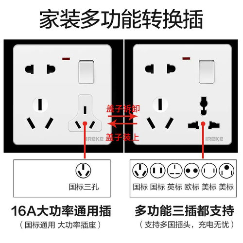 86型暗装多功能开关插座16A一开八孔多孔8孔英式 二三三插座面板