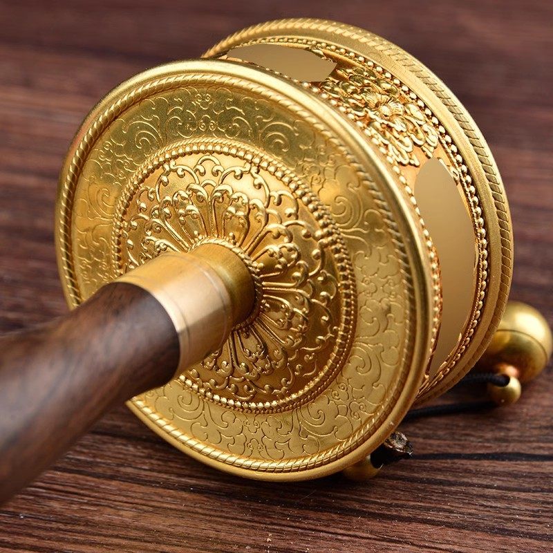 家用亚青手摇转金轮转金摆件客厅手摇纯铜单层金色转金桶筒小号