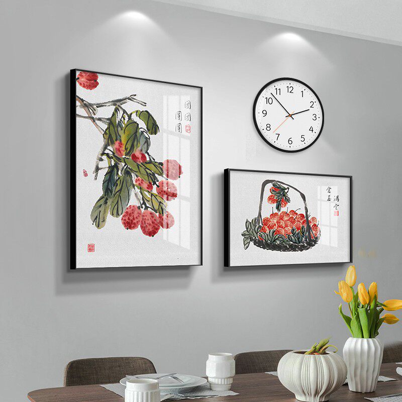 小户型餐厅墙面装饰画新中式组合钟表饭厅挂画背景墙壁画创意个性