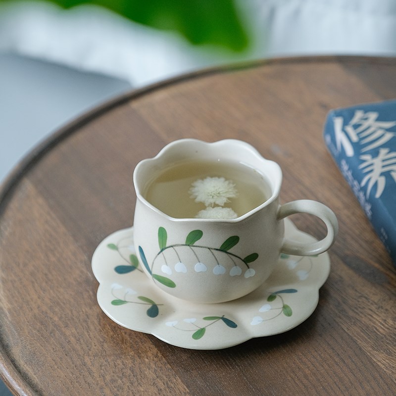 旷野集 景德镇咖啡杯女陶瓷杯碟套装花口拿铁杯精致铃兰拉花杯子