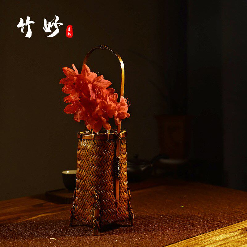 竹制花器花艺茶道中式摆件创意日式禅意茶室书房装饰台式竹编花篮