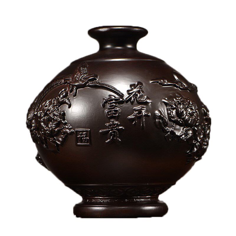 黑檀木雕刻花开富贵花瓶摆件客厅插花装饰家居实木质中式开业礼品
