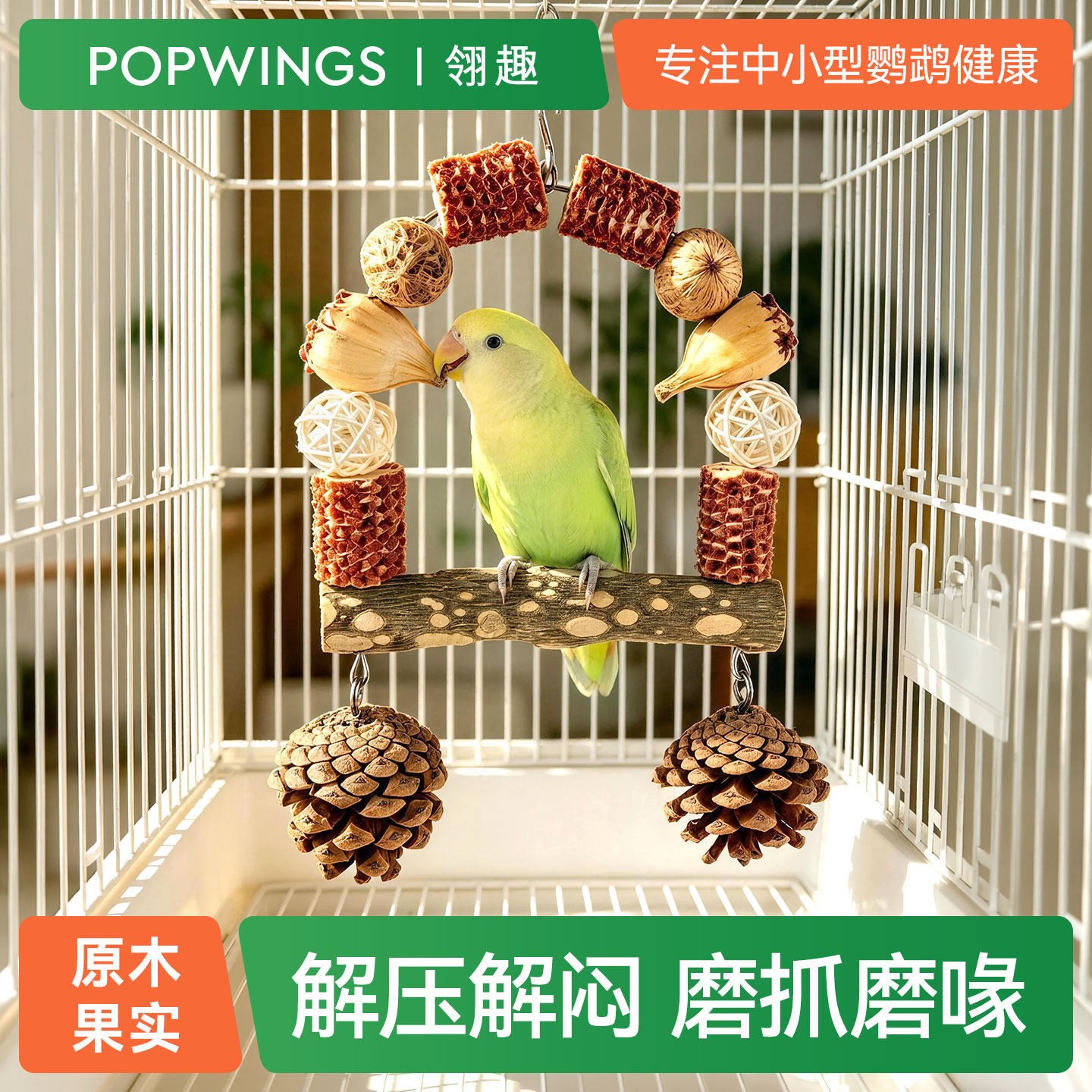 鹦鹉天然秋千玩具虎皮小太阳啃咬磨牙花椒木站杆松果造景鸟笼装饰