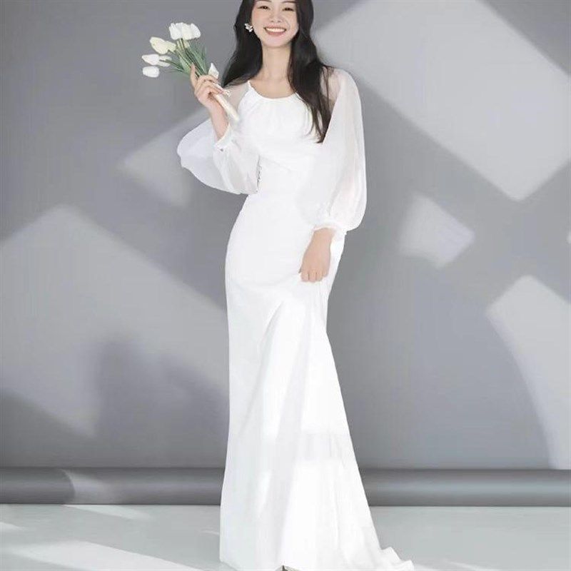 法式白色缎面长袖简约订婚出门迎宾轻婚纱新娘结婚敬酒晚宴礼服裙