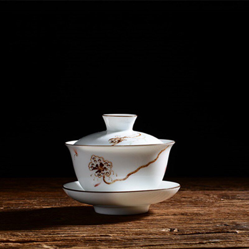 功夫茶具家用套装白瓷客厅简约中式复古盖碗茶杯泡茶工夫薄胎莲子