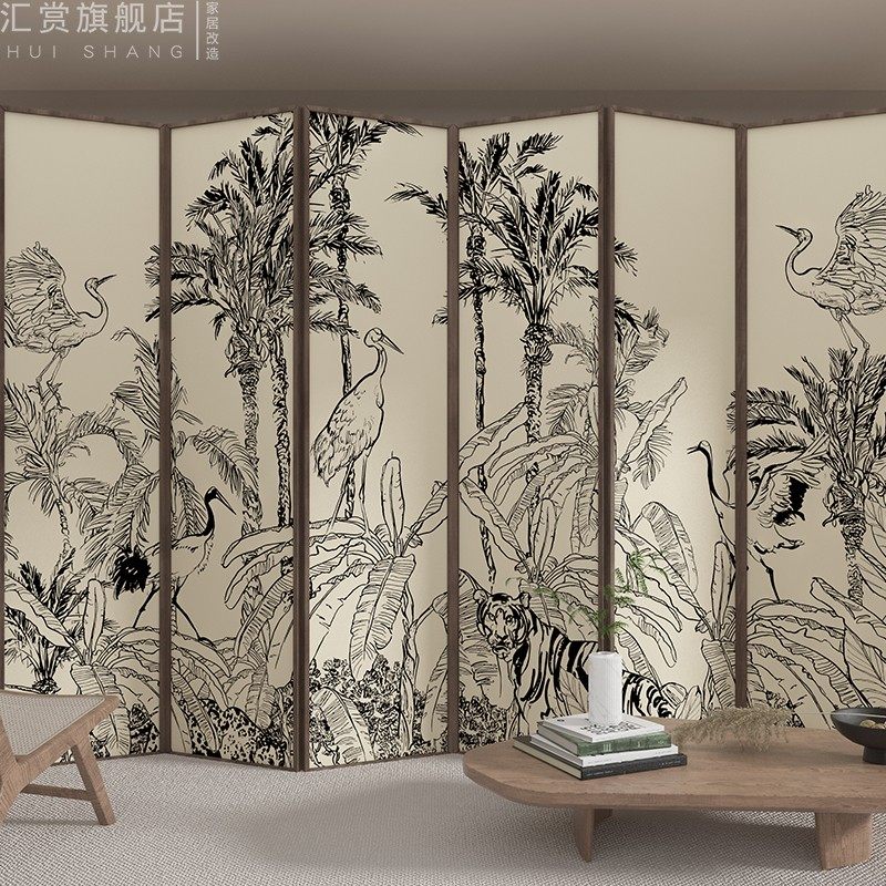 法式中古自粘壁画屏风改造贴纸客厅背景墙纸动物丛林壁纸虎嗅蔷薇