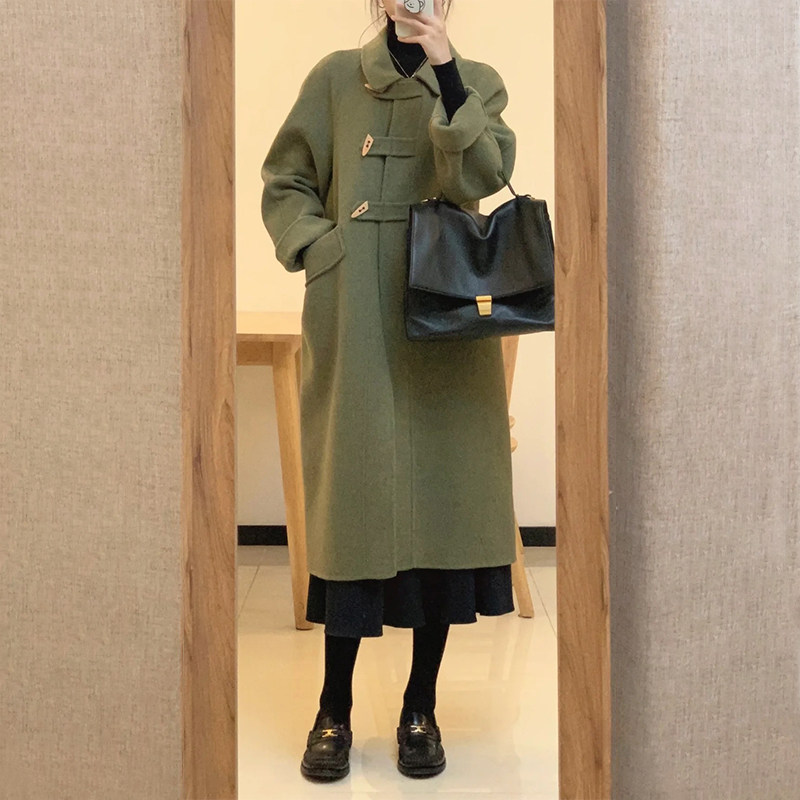 高级设计感绿色呢子大衣女秋冬装新款今年流行中长版休闲毛绒外套