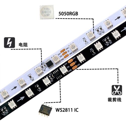 流水低压24V伏LED灯带跑马灯条自粘幻彩灯带ws2811全彩炫彩可编程
