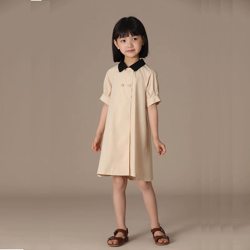 夏季女童中大童亲子拼接气质公主小翻领娃娃领双排扣短袖连衣裙潮