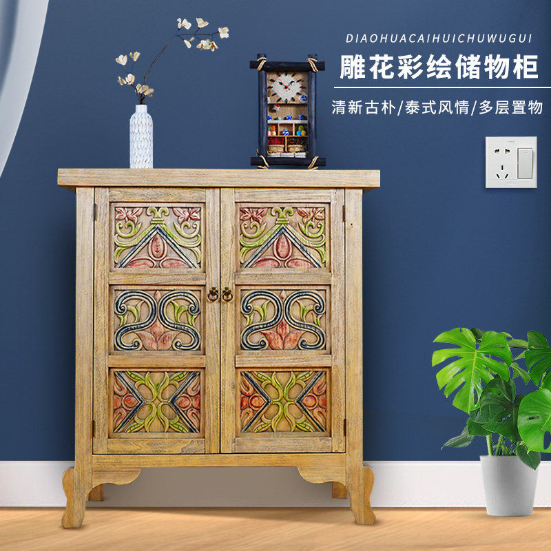 新中式古典实木榆木彩绘做旧入户鞋柜储物柜餐边柜手工雕刻玄关柜