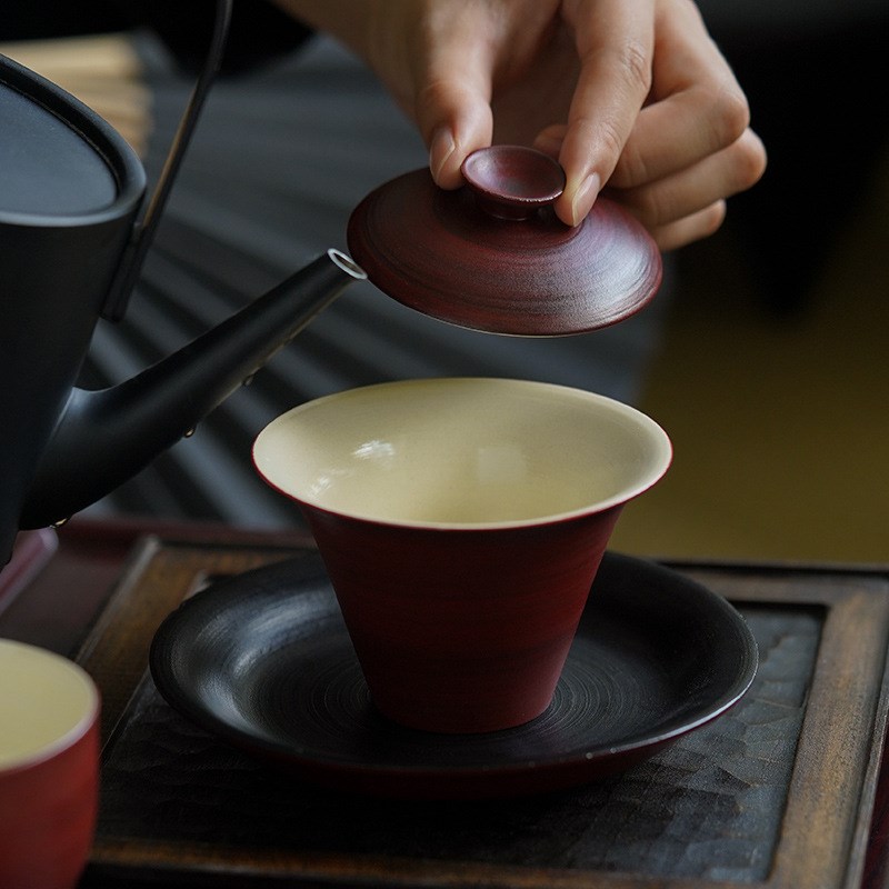 山楂红粉引手工粗陶盖碗日式复古泡茶碗家用功夫茶具茶杯茶碗新品