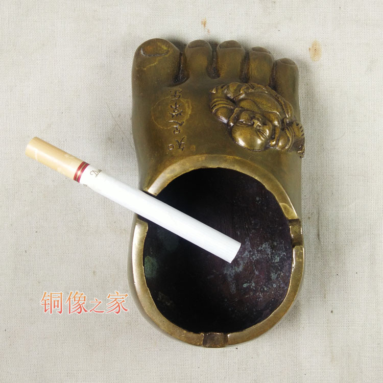 纯铜烟灰缸知足常乐摆件办公室家居做旧仿古摆设