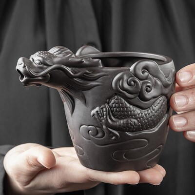 浮雕龙原矿紫砂公道杯家用分茶器过滤组茶海高档功夫茶具单品把玩