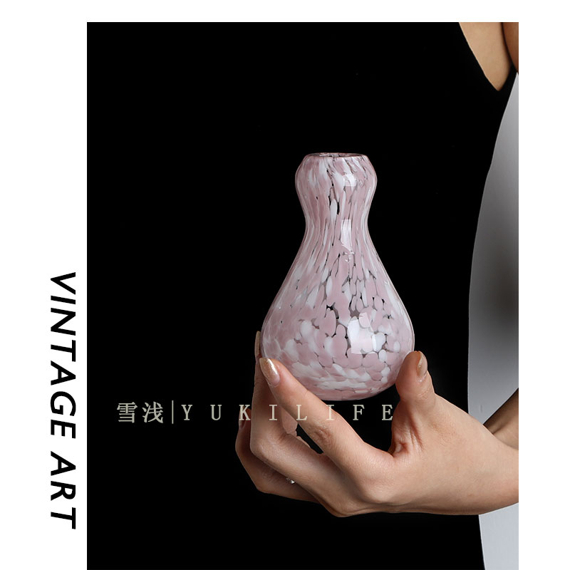雪浅中古花器玻璃小酒壶 津轻彩点粉彩日式 初樱玻璃花瓶侘寂德利