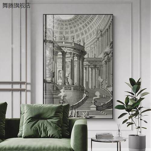 新品复古装饰画客厅沙发背景墙挂画城堡建筑艺术黑白简约巨幅壁画