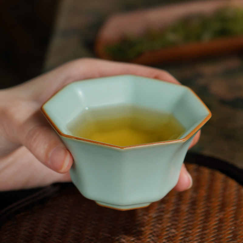 汝窑八方杯主人杯茶杯单杯复古茶盏景德镇陶瓷汝瓷品茗杯开片青瓷