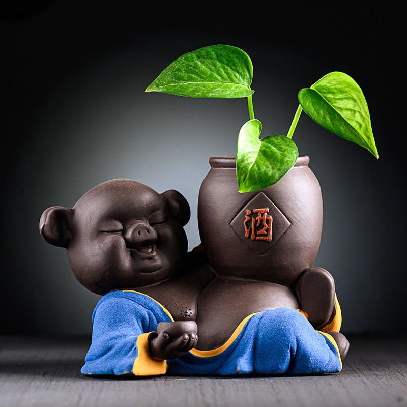 创意猪绿萝水培植物养花花瓶插花容器花盆陶瓷桌面装饰茶宠摆件