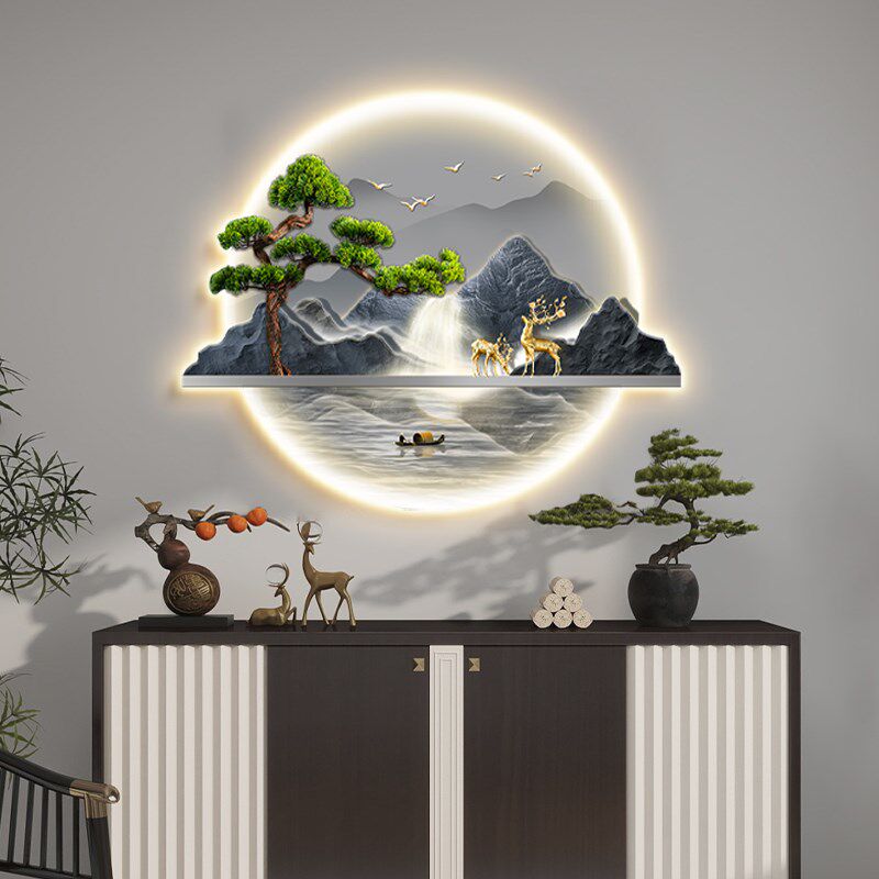 新中式玄关装饰画带灯流水生财山水入户正对门挂画客厅迎客松壁画