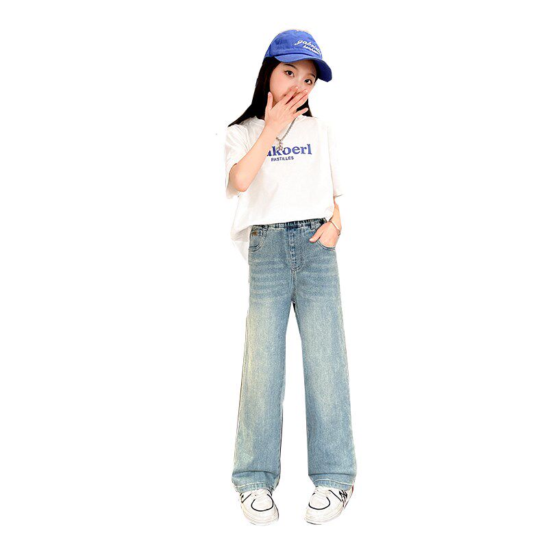女童短袖t恤夏季套装2024新款儿童中学生大童夏装薄款牛仔阔腿裤