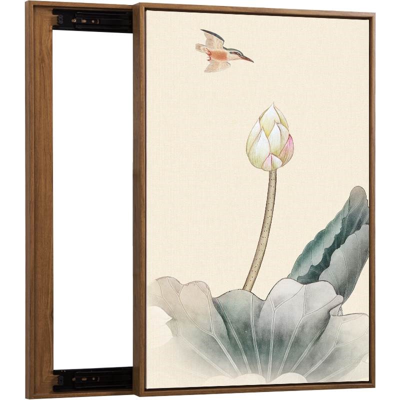 网红电表墨箱装饰画水荷花新中式竖版免打挂孔遮挡配电箱弱电闸空
