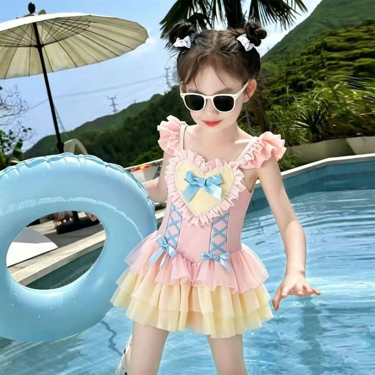 女童2026新款爱心蝴蝶结泳衣