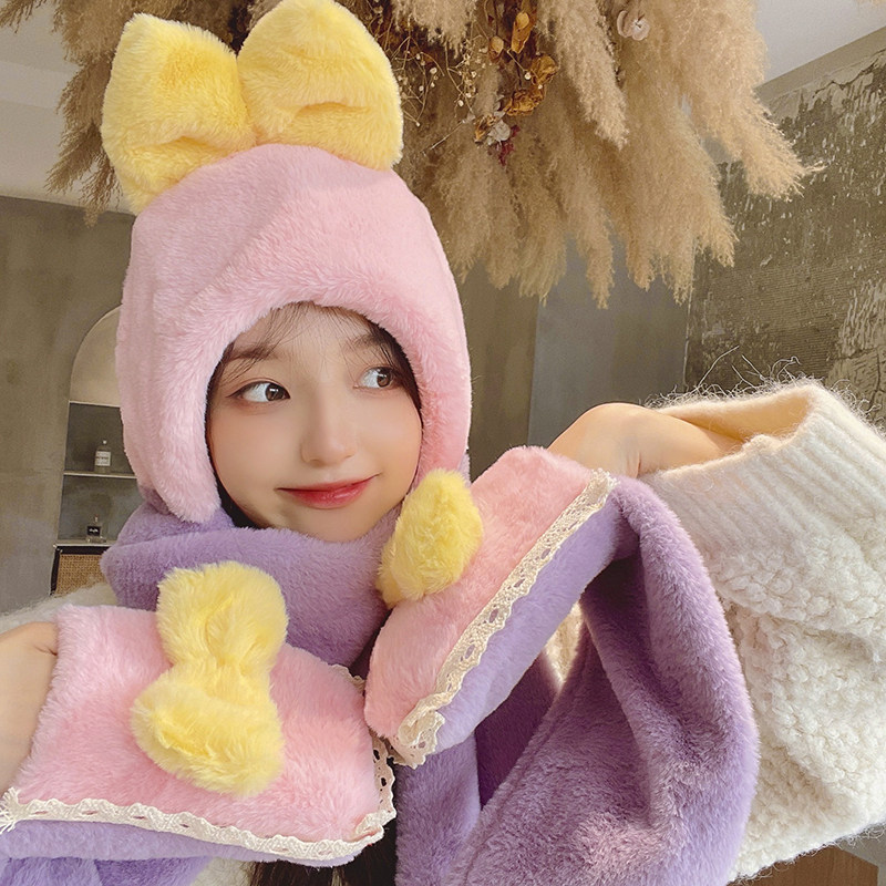 少女心围巾帽冬季保暖毛绒二次元撞色防风加厚洛丽塔围巾一体帽子