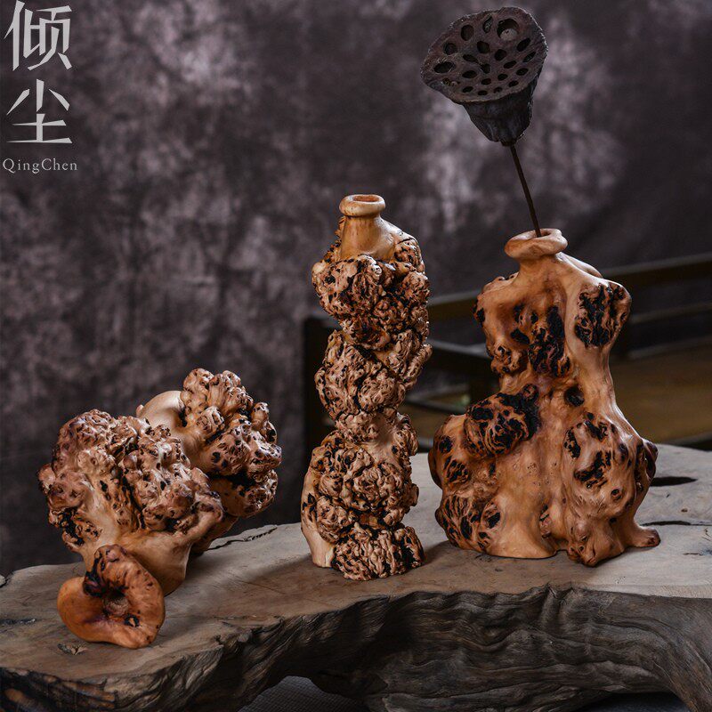 根雕花瓶 风化木摆件 黑果木天然雕刻摆件 创意装饰随形枯木花插