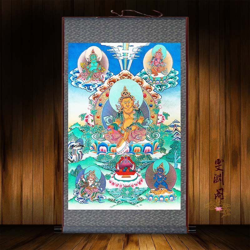 红黄白财黑五路五色绿神关厅玄客丝绸卷轴装饰挂画像沙发背景墙