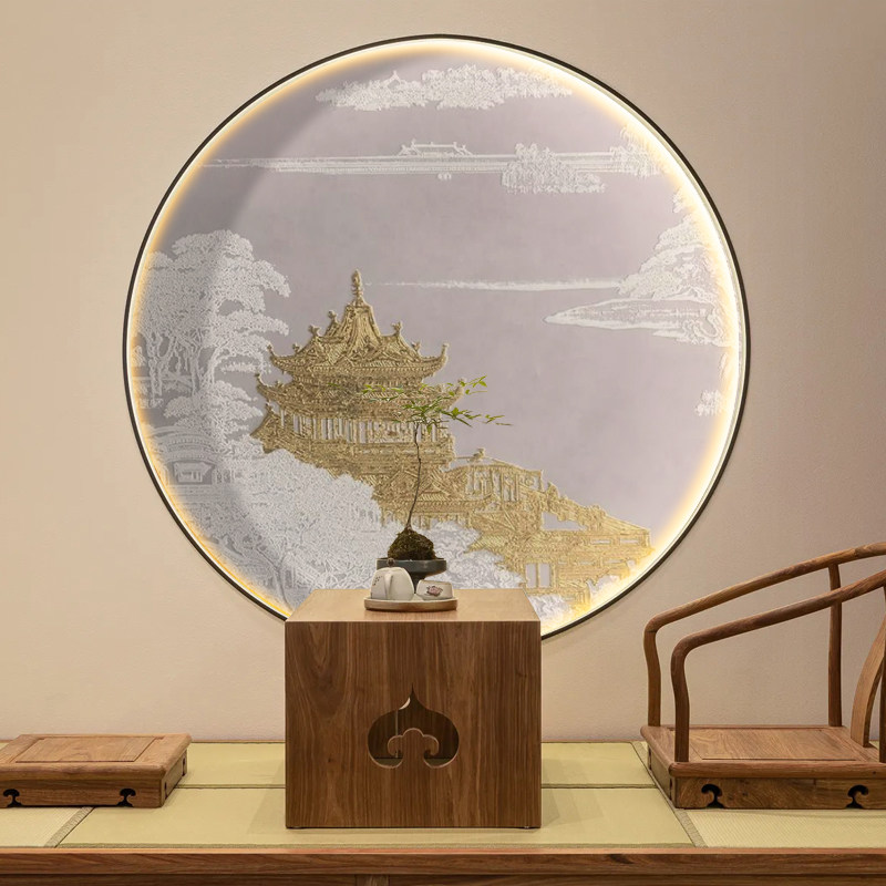 走中式国风丝绢画入户玄关新廊圆形立体浮雕壁水山画画芯壁纸壁纸