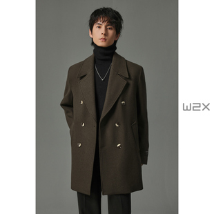 w2x秋冬季780g重磅短款羊毛呢大衣男垫肩时尚设计感妮子风衣外套