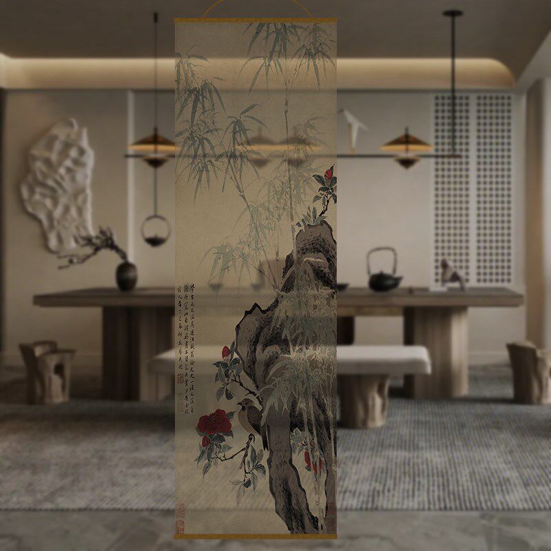 半透水墨竹双面透景屏风纱中式卷帘隔断帘挂帘水墨窗帘纱帘透光