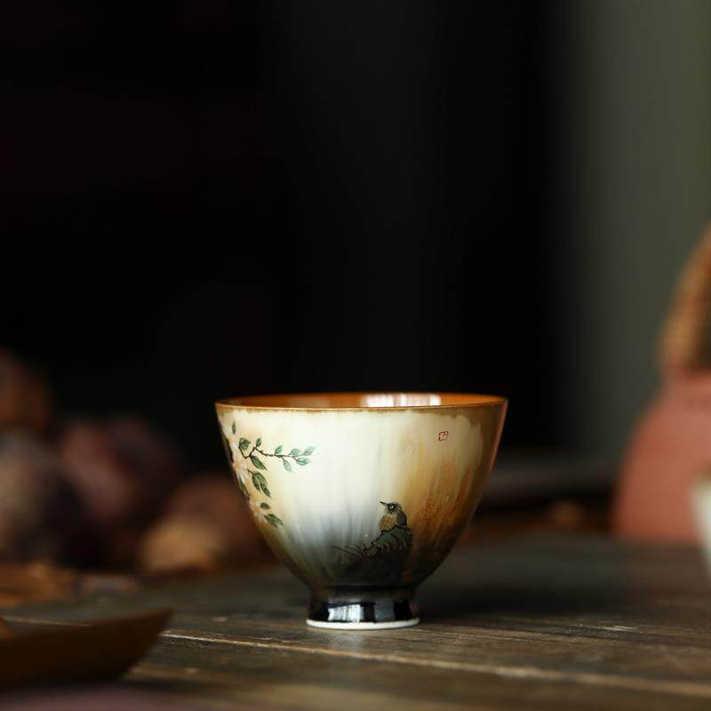 景德镇仿古窑变花鸟茶杯陶瓷主人杯品茗杯景德镇功夫茶具茶杯单杯