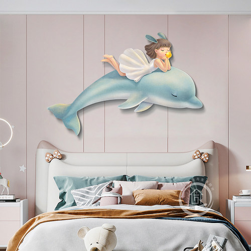 天使与海豚 儿童房装饰画女孩房间LED灯画公主房创意卧室床头网红