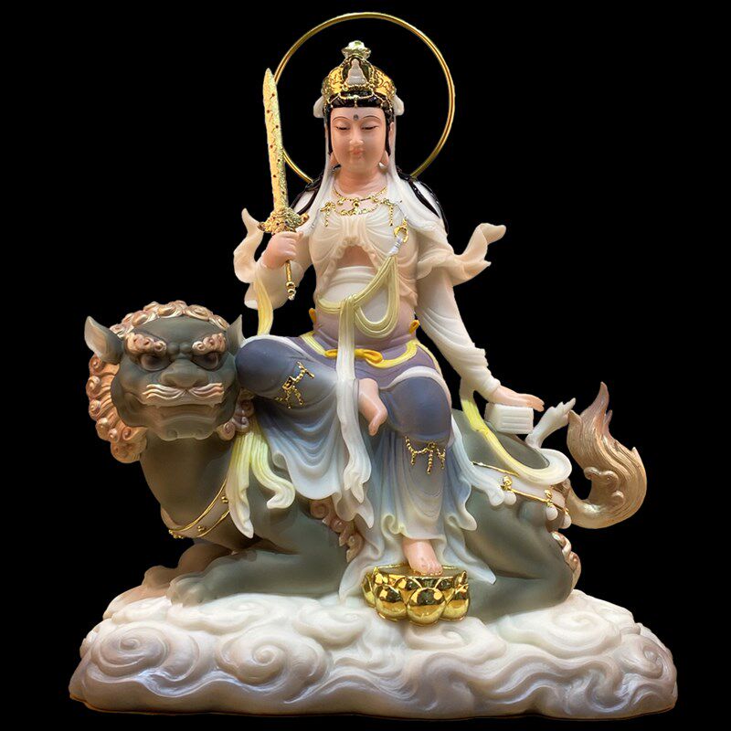 文殊普贤菩萨汉白玉材质佛像华严三圣家用摆件工艺品供奉神像佛像