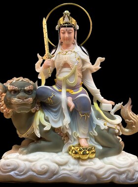文殊普贤菩萨汉白玉材质佛像华严三圣家用摆件工艺品供奉神像佛像