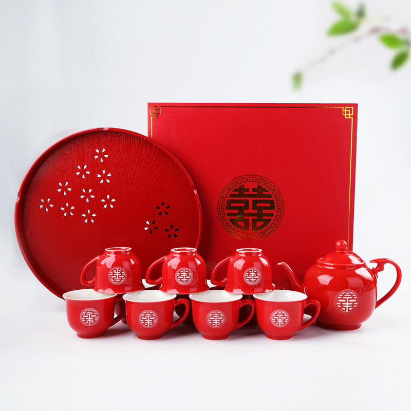 结婚新人敬茶杯茶具套装龙凤喜杯改口茶杯红色茶具婚庆嫁妆礼物