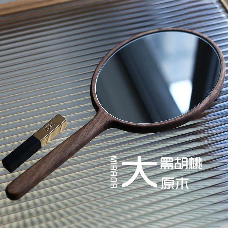 黑胡桃超大手柄化妆镜子便携实木手持梳妆美容院镜定制LOGO刻字