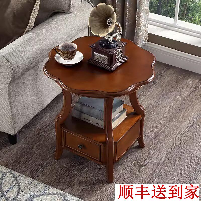 美式乡村实木客厅沙发边几角几简约小茶几圆形床头边柜咖啡小圆桌