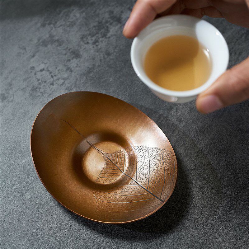 好茗天 手工錾刻紫铜茶杯垫杯托纯铜功夫茶具配件日式叶子茶杯托