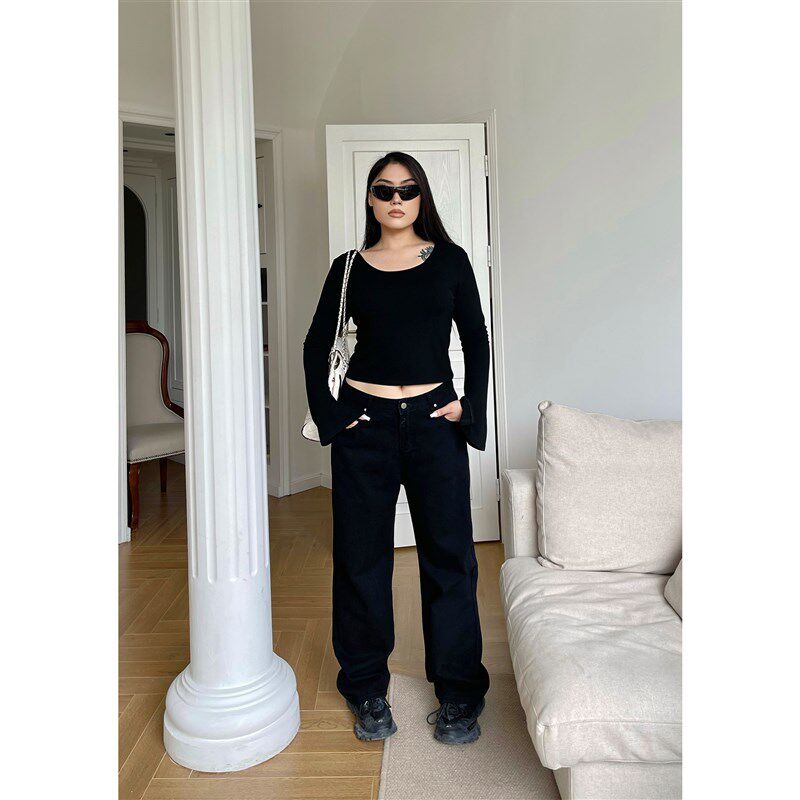 南黑微胖mm秋冬2023新款黑色高腰牛仔裤女大码显瘦直筒加绒长裤子