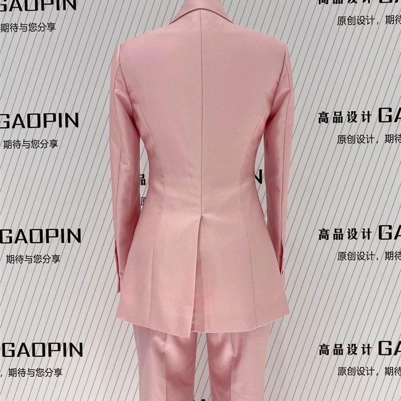 新款粉色修身西装套装女西服小外套宴会主持司仪活动装三件套喇叭