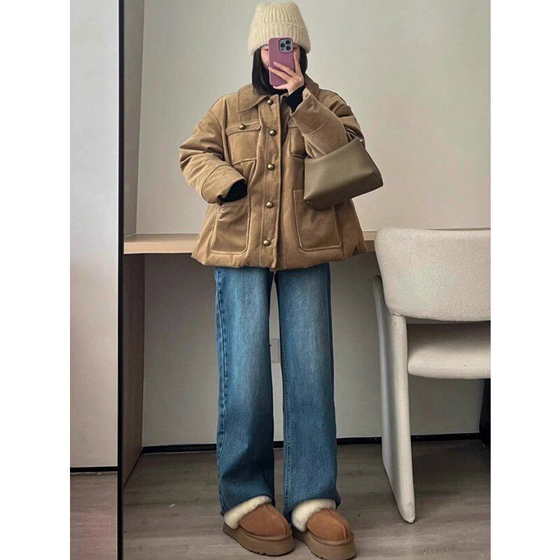 复古阔腿牛仔裤女春秋季2024新款高腰宽松显瘦垂感拖地加绒直筒裤