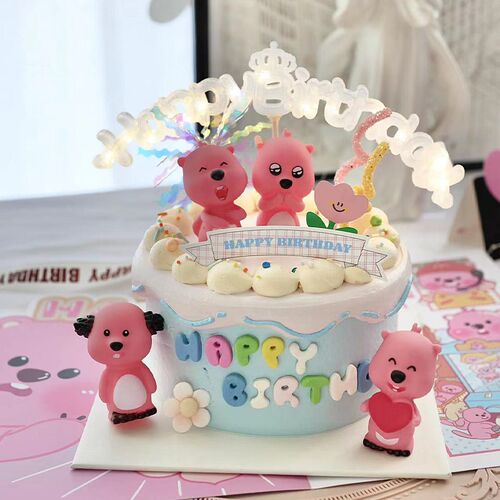 网红loopy露比蛋糕装饰摆件可爱粉色小海里发光生日快乐灯插件
