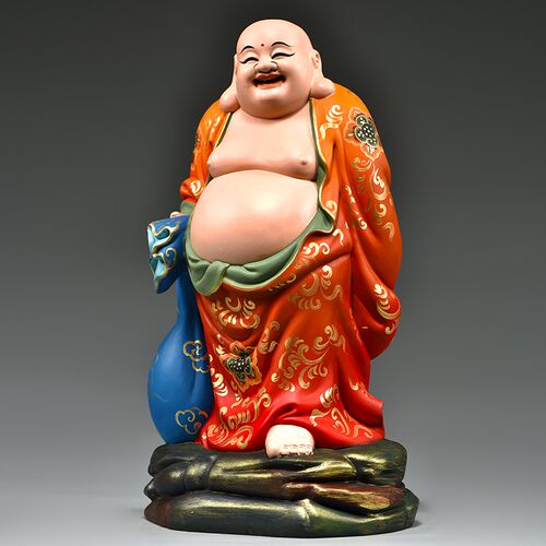 彩绘木雕刻弥勒佛像摆件家用笑佛客厅玄关装饰工艺品开业乔迁送礼