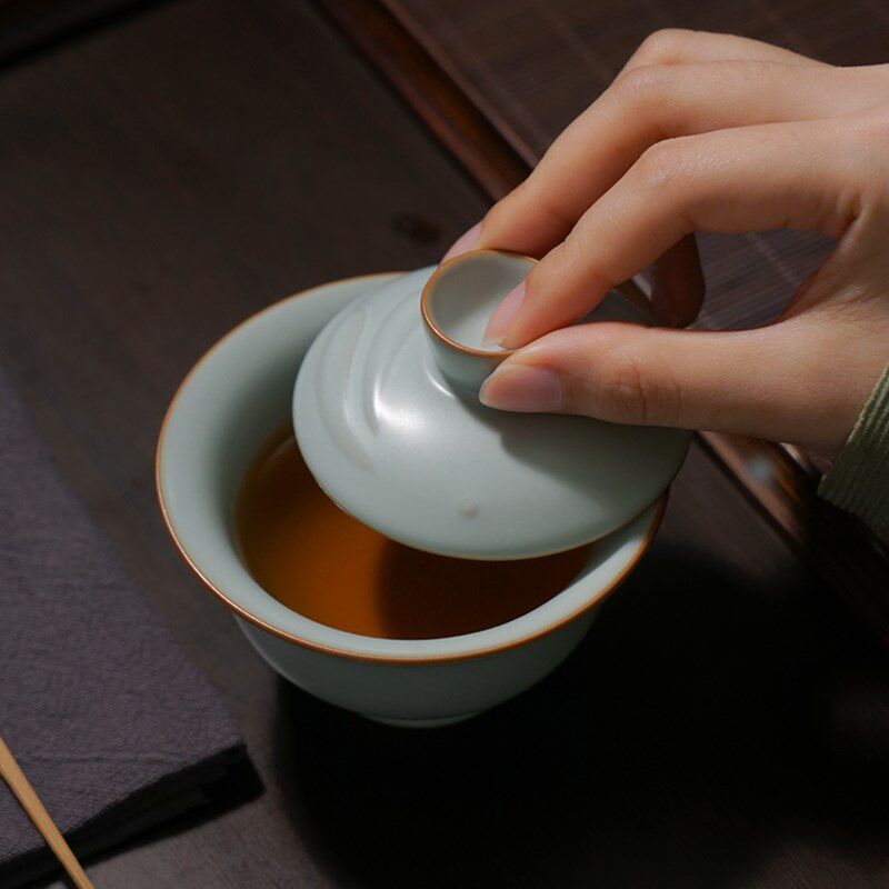 青澹汝窑玉兔盖碗茶杯家用景德镇陶瓷泡茶碗复古手工瓷器青瓷礼品