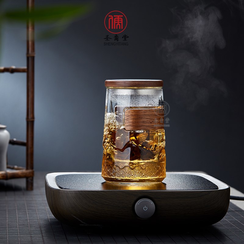 圣裔堂耐高温玻璃泡茶杯茶水分离加厚大号木盖红绿茶杯子男女家用