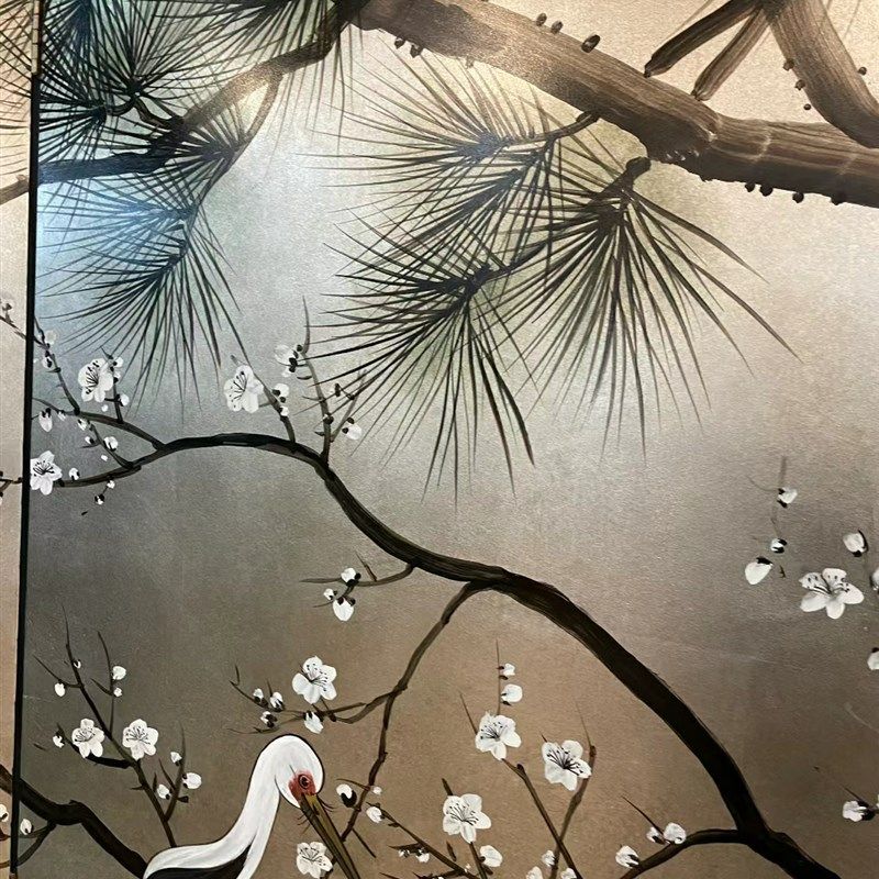 仙鹤松树屏风隔断玄关手绘金箔漆画客厅卧室背景墙装饰画折屏