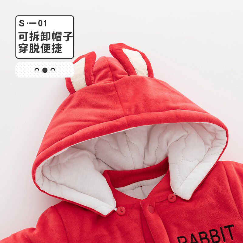 婴儿拜年过年红色秋冬装连体衣服新生女宝宝小兔子棉服满月周岁服