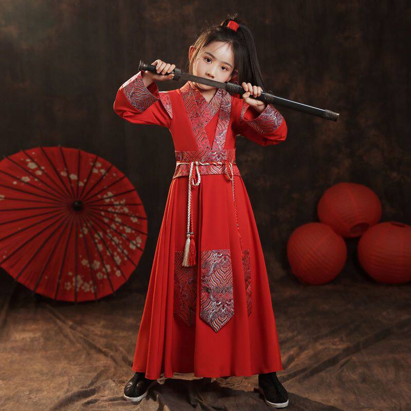 儿童汉服春秋古装中国风唐装古风女童汉服连衣裙霸气侠女演出服夏