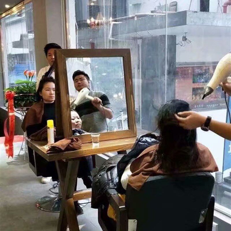 实木理发店镜台发廊专用美发烫染桌化妆店镜台复古理发店双面镜台